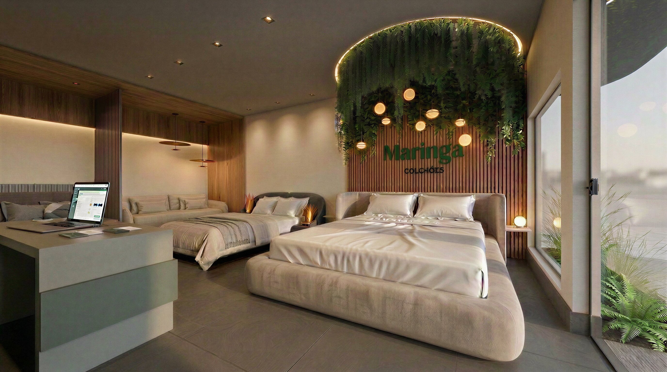 Showroom de camas com painel verde de plantas